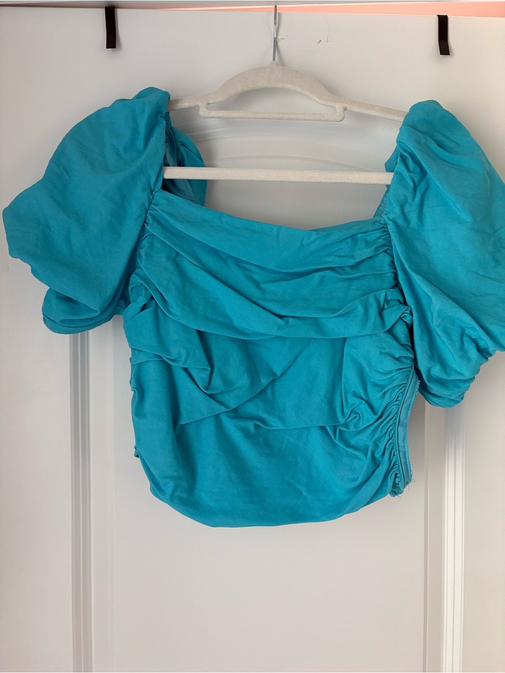 Turquoise Puff-Sleeve Ruched Women’s Top